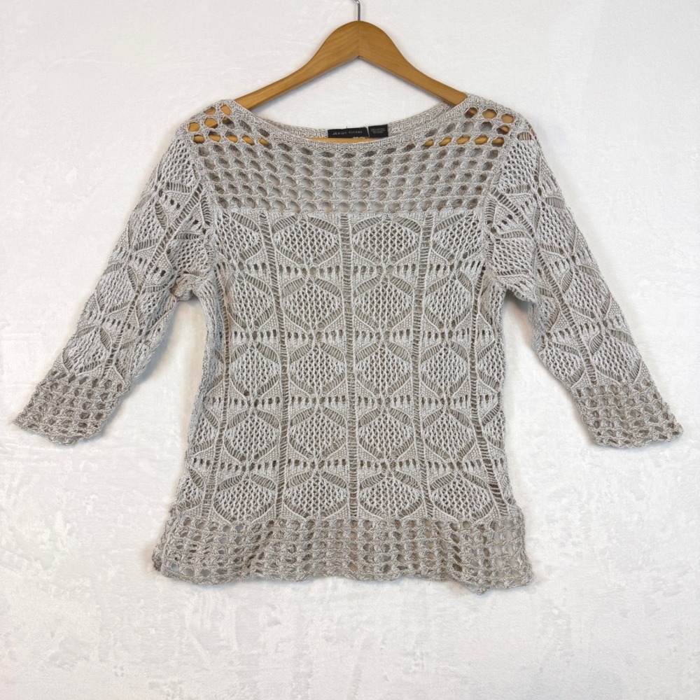 JEANNE‎ PIERRE Beige Crochet Knit Sweater Top Women Size L 3/4 Sleeve Boat Neck